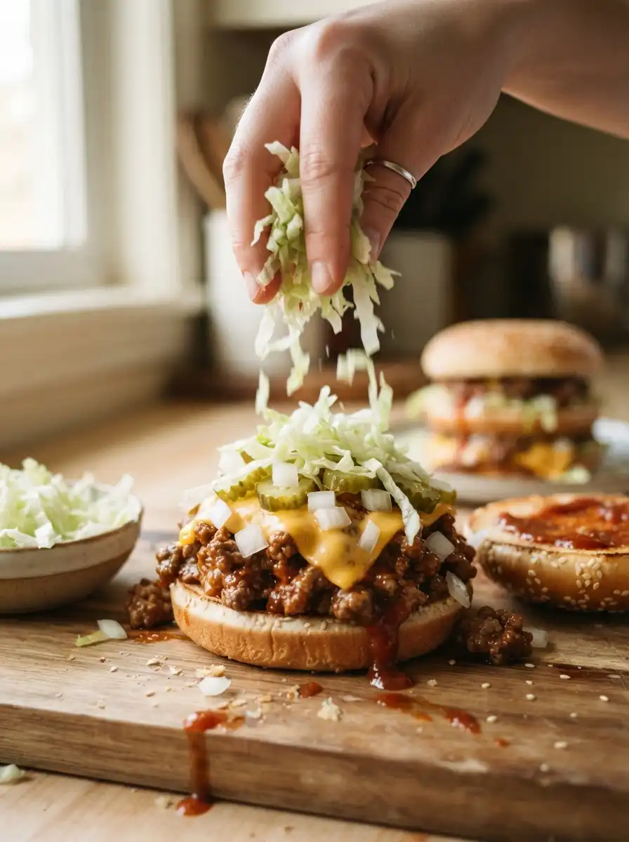 Big Mac sloppy joe sandwich piled with seasoned beef, melted cheese, special sauce, lettuce, and pickles on a toasted sesame bun