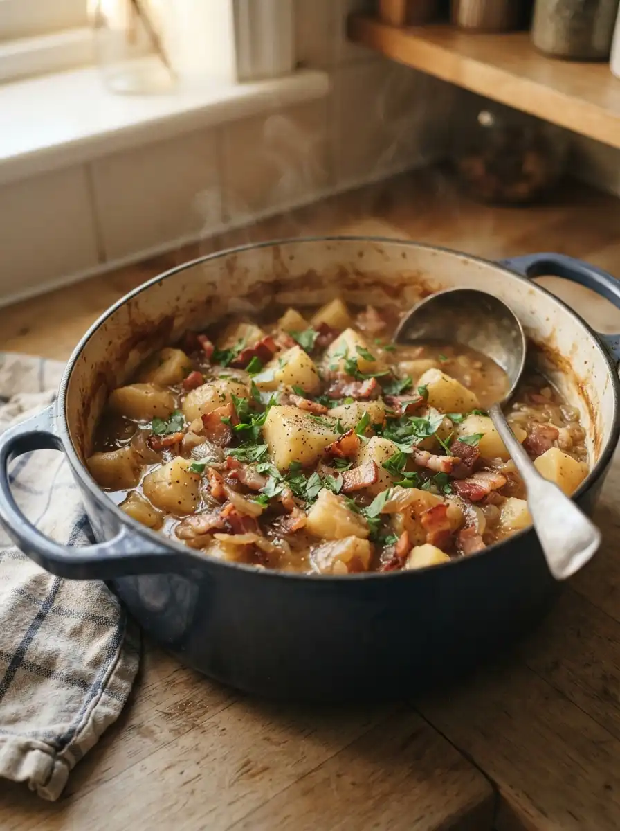 Southern stewed potatoes in creamy bacon gravy, garnished with parsley
